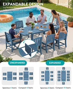 SERWALL 7-Piece Outdoor Dining Set, 60" - 83" Expandable Outdoor Dining Table and 6 HDPE Chairs, All Weather HDPE Outdoor Furniture Set for Backyard, Garden, Blue