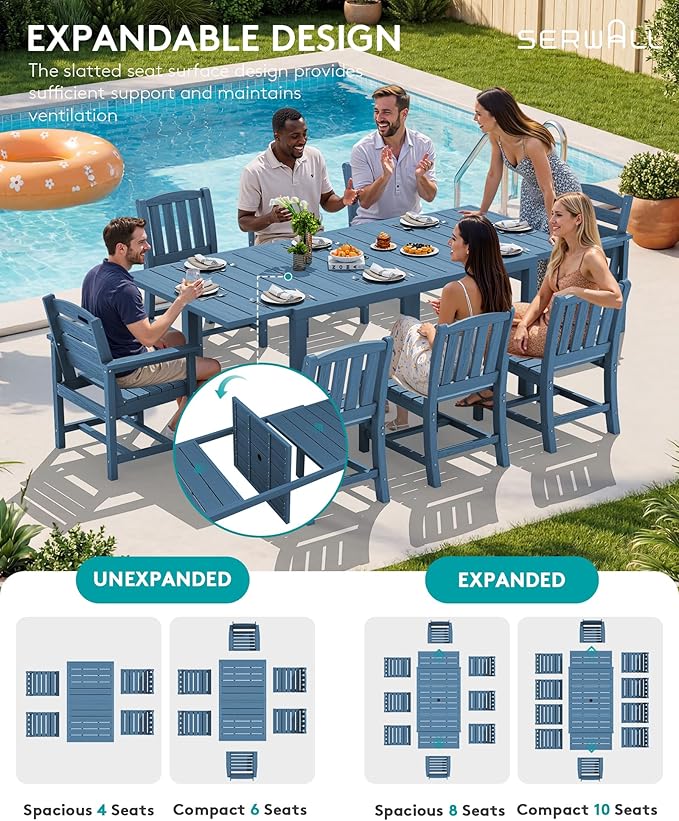 SERWALL 9-Piece Outdoor Dining Set, 60" - 83" Expandable Outdoor Dining Table and 8 HDPE Chairs, All Weather HDPE Outdoor Furniture Set for Backyard, Garden, Blue