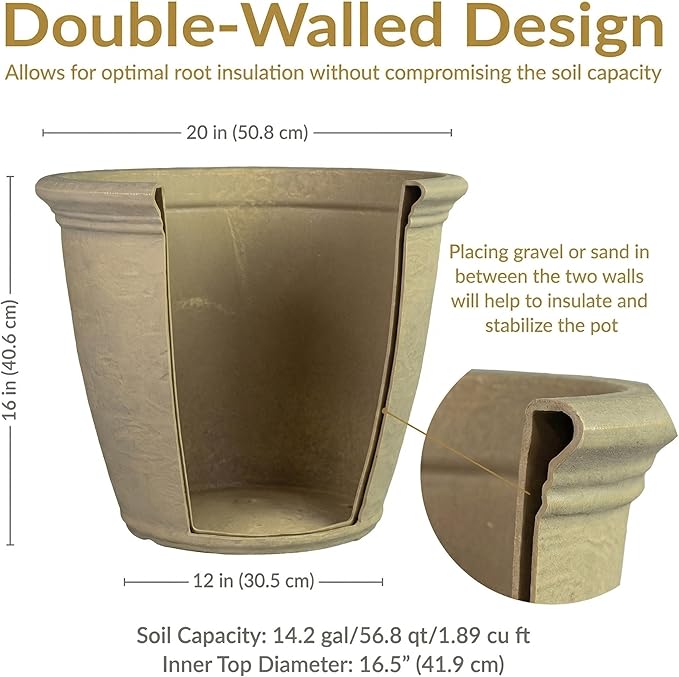 Sunnydaze 20-Inch Anjelica Large Plastic Pot for Plants - Outdoor Double-Walled Large Plastic Planter with Drillable Drainage Holes - Beige - 4pk