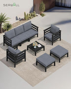 SERWALL HDPE Patio Furniture Set, 8 Pieces Composite Outdoor Furniture, All-Weather Wood-Like Outdoor Sofa Couch with Coffee Table for Deck, Lawn, Black Frame with Grey Cushion