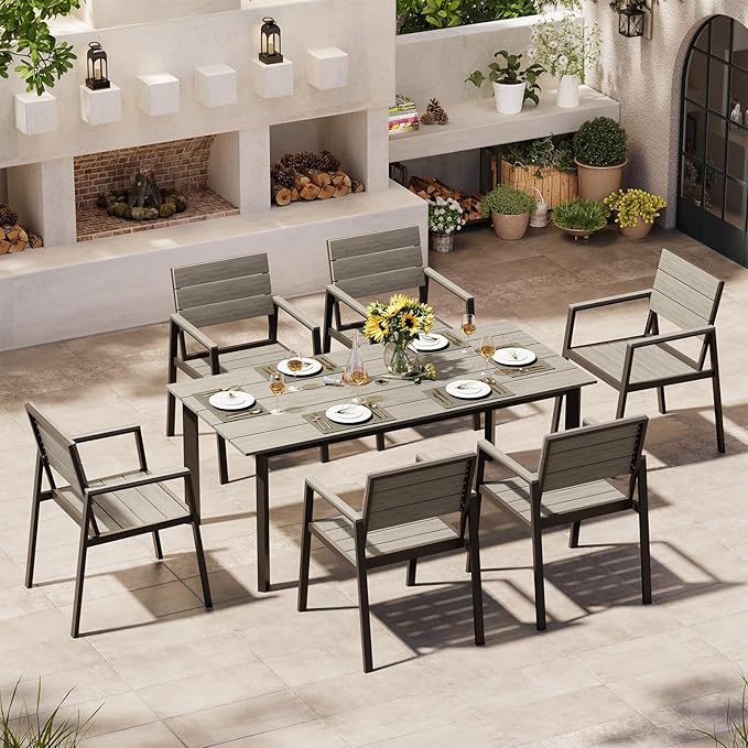 Outdoor Dining Set for 6, Aluminum Patio Table and Chairs Set with Umbrella Hole, 7 Piece HDPS Outdoor Furniture Sets for Patio, Garden (Gray)