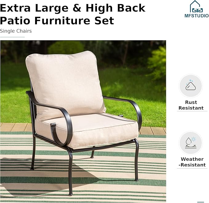 MFSTUDIO 7 Seats Metal Patio Furniture Sets, 6 Pieces Outdoor Sectional Sofa Conversation Set with 2 x Swivel Chairs, 2 x Fixed Chairs, 1 x 3-seat Sofa and 1 x 45 inches Rectangular Fire Pit Table