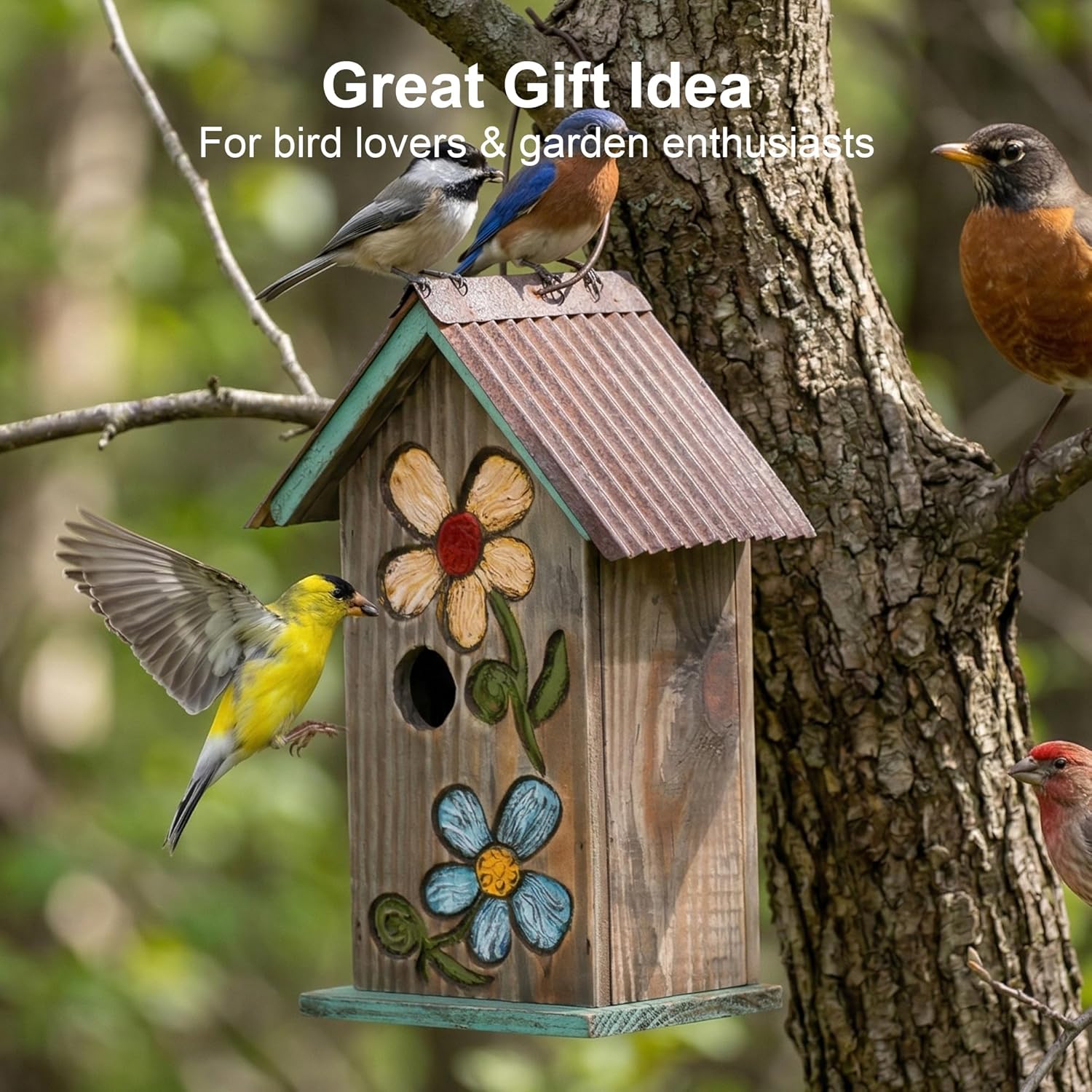 Topadorn Hanging Bird House for Outside, 11" Hand-Painted Wooden Birdhouse | Floral Design, Rustic Outdoor Bird House for Bluebird, Finch, Cardinal & Wren, Garden Patio Yard Decor