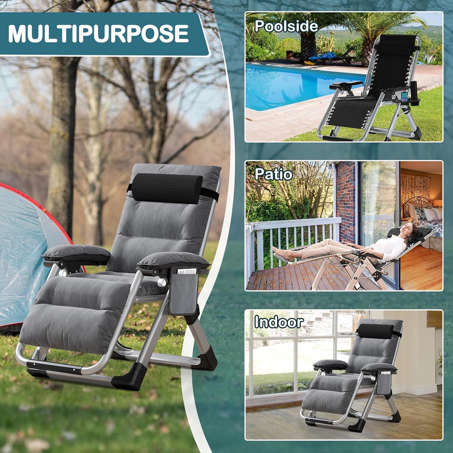 Padded Zero Gravity Chair, Folding Outdoor Lounge Chairs, Adjustable Reclining Camping Chairs with Cup Holder, Ergonomic Patio Lawn Chair for Balcony Beach Deck Yard