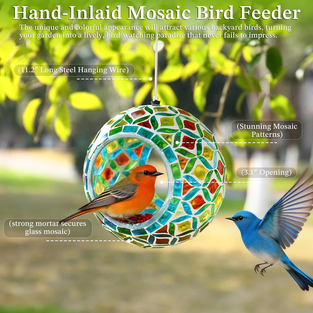 VOREEN Mosaic Glass Bird Feeder, Handcrafted Hanging Fly-Through Feeder for Outdoor Garden & Backyard, Decorative Wild Bird Feeder with Steel Wire Cable – Natural Blue & Green Mosaic Style