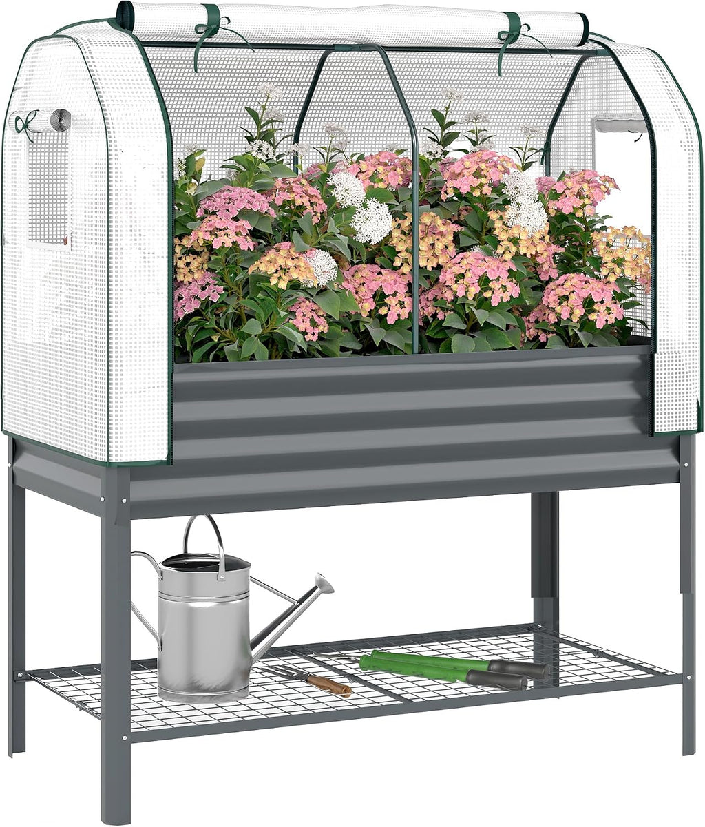 outsunny galvanised raised garden bed with greenhouse cover, main product view