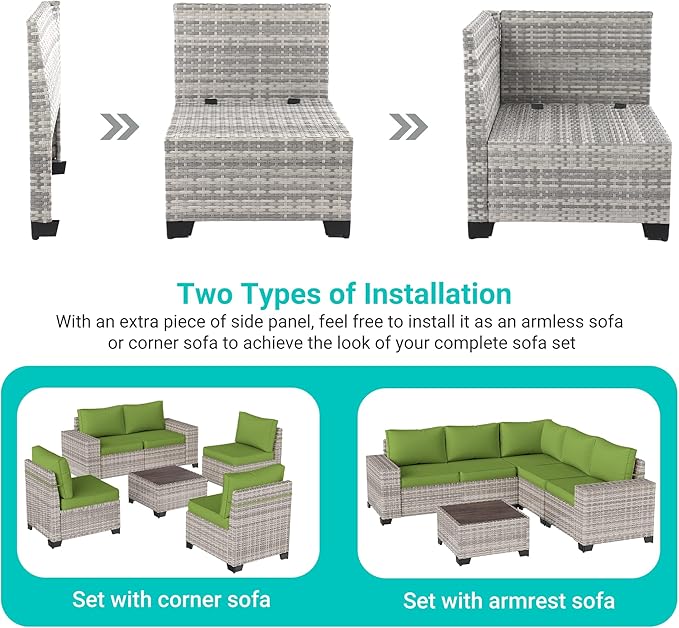 12-Piece Outdoor Patio Furniture Set Wicker Sectional Sofa Set, Patio Conversation Set with Thickened Cushions & Coffee Table for Garden, Backyard, Poolside, Avocado Green