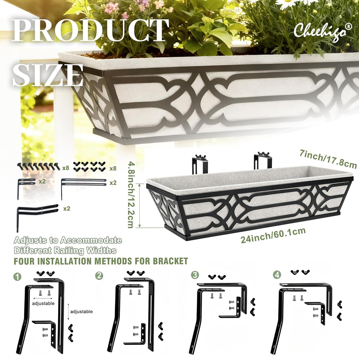 window planter box, railing planter box with non-woven, close-up detail