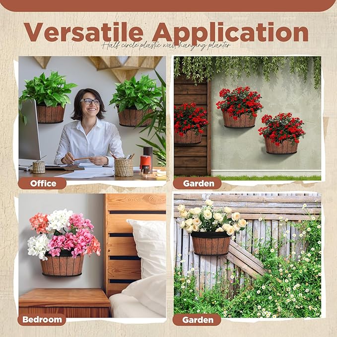 Layhit 6 Pcs Wall Hanging Planters Outdoor Pot Planter Wine Barrel Planter Distressed Oak Thickened Plastic Water Storage Flower Pots for Flower Indoor Outdoor(12 Inches,Brown)