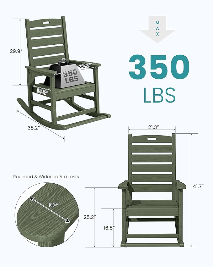 SERWALL Outdoor Rocking Chair Set of 2, Oversized Rocking Chair with Footboard for Adults, HDPE All Weather Resistant Rocking Chairs for Patio, 350lbs Weight Capacity,Avocado Green