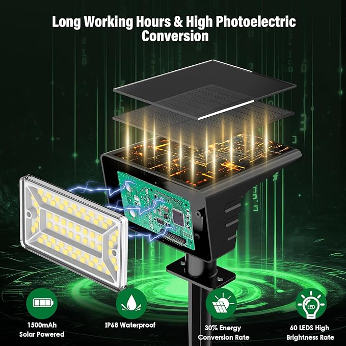Solar Spot Lights Outdoor with 60 LED & Auto On/Off, 2 Pack Solar Lights Outdoor Waterproof IP68 with 3 Lighting Modes, 2-in-1 Solars Landscape Light for Outside, Garden, Yard(Warm White)