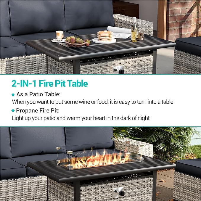 10-Piece Outdoor Patio Furniture Set with Rocking Swivel Chair, PE Wicker Rattan Sectional Sofa Patio Conversation Set with 55,000 BTU Fire Pit Table & Coffee Table, Dark Grey
