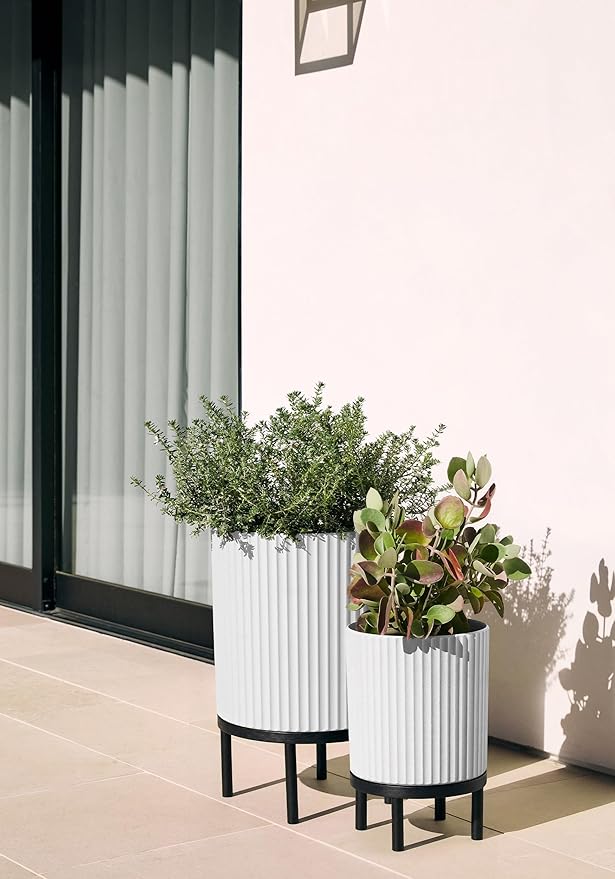 Veradek Demi Series Round Planter w/Stand for Porch/Patio | Durable Plastic-Stone Composite & Wooden Stand | Modern Décor for Tall Plants, Flowers