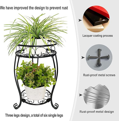 2 Pack 19.2 inch Metal Plant Stand Rack for Round Flower Pot, 2 Tier Potted Holder Indoor Outdoor Rustproof Wrought Iron Heavy Duty Planter Shelf for Corner Living Room Balcony Garden Patio, Black