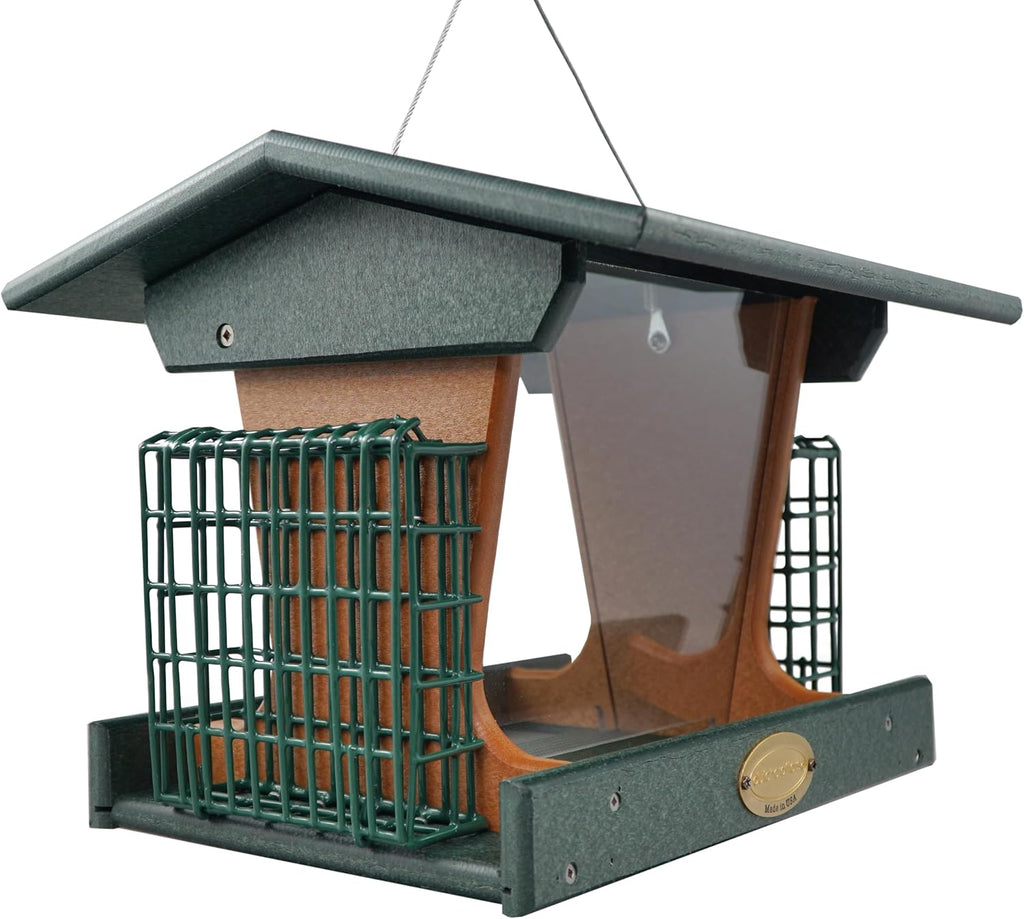 DutchCrafters Poly Hopper Bird Feeder with Suet Holder, Large Suet Feeder for Birds, Outdoor Hanging - Amish American Made (Turf Green & Cedar)