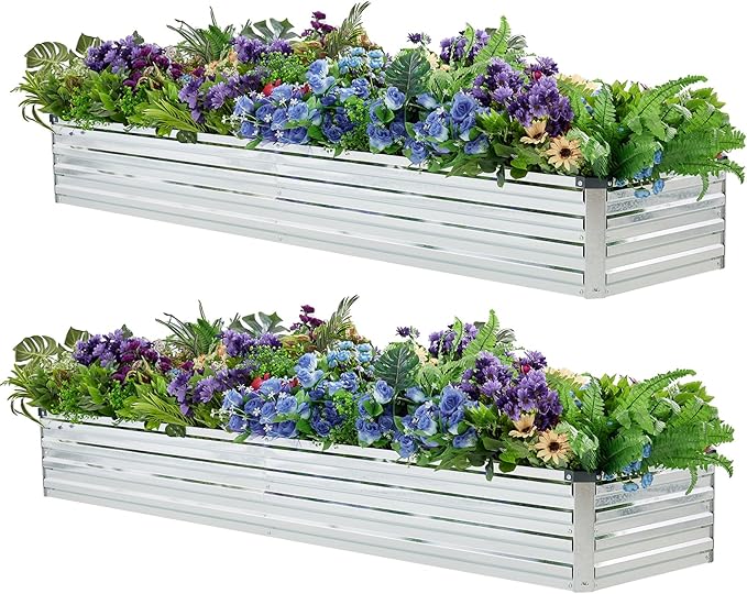 2 Pack 6x1.5x1FT Galvanized Raised Garden Bed Kit, Outdoor Metal Planter Box for Vegetables, Bottomless Rectangular Gardening Bed with Support Rods, Tool-Free Assembly, Silver