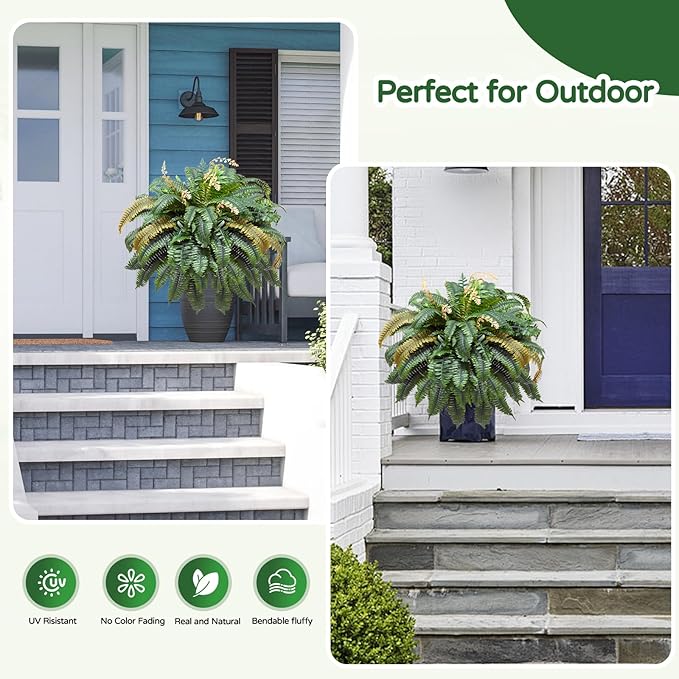 Large Autumn 88 Leaves Artificial Ferns for Outdoors Look Real, Fake Large Faux Boston Ferns for Outdoor Planter Realistic UV Resistant Artificial Fake Plants for Porch Patio Hanging 47 inch