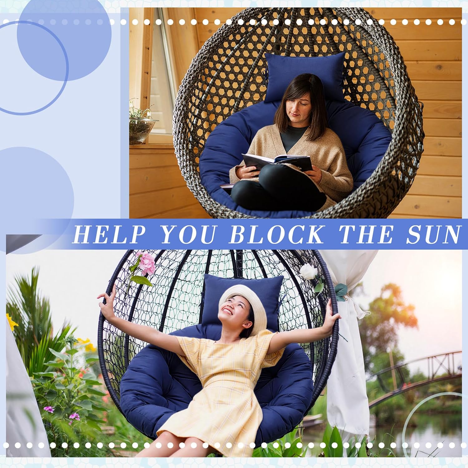 Tudomro Navy Blue Egg Chair Cushion Hanging Basket Chair Replacement 45x45 Hammock Basket Swing Waterproof Cushion Hanging Swing Pads with Headrest for Indoor Outdoor Porch Backyard Patio Garden