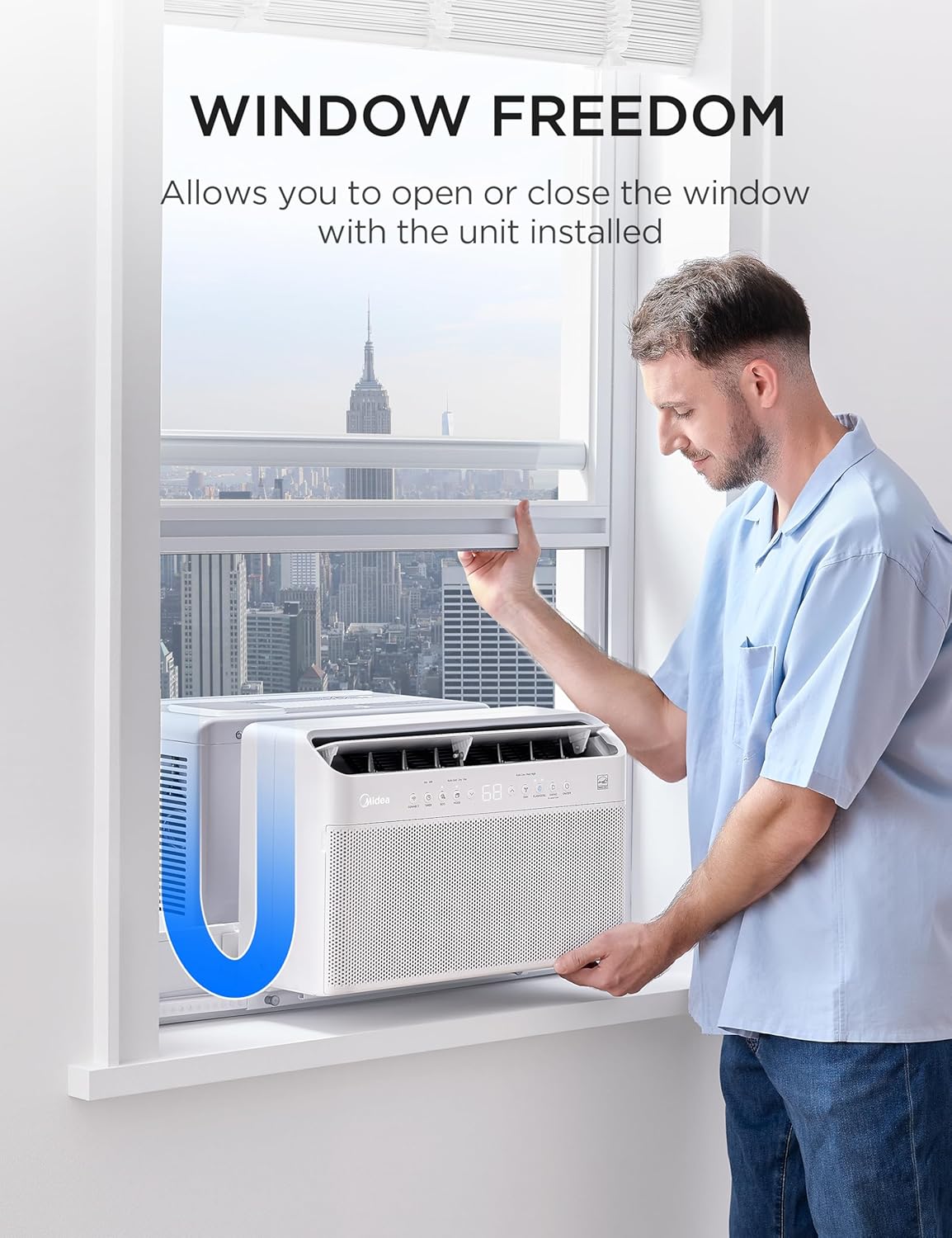 midea 6,000 btu u shaped window air conditioner shown in use