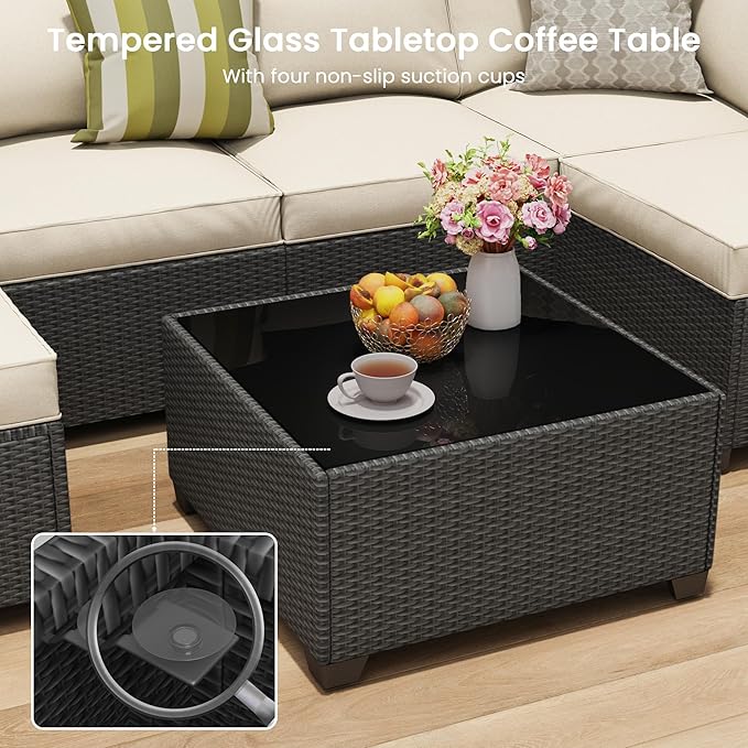Outdoor Patio Furniture Set with 28'' Fire Pit Table, 8 Pcs Outdoor Patio Furniture Conversation Sets with 4in Thicken Cushion, Wicker Outdoor Sectional for Backyard, Garden, Balcony,Deck,Coffee/Beige