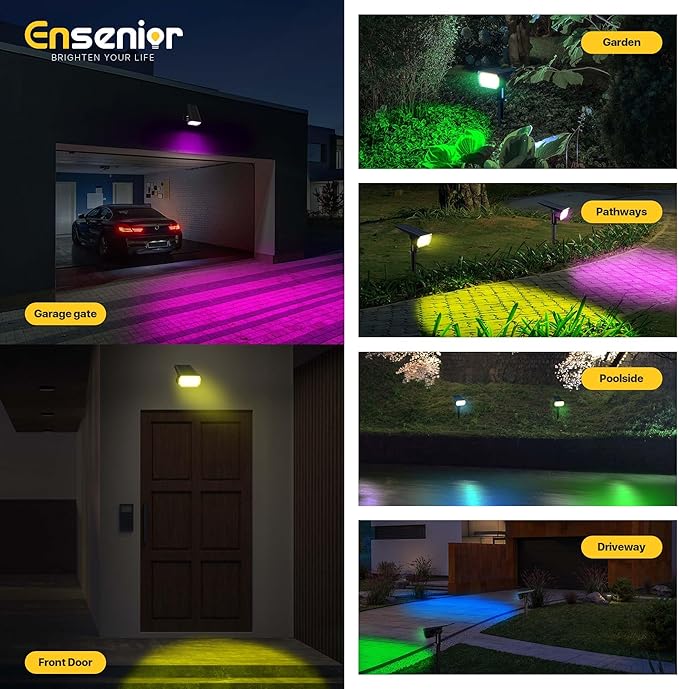 Ensenior Solar Spotlights Outdoor RGB, 7+1 Color Changing Mode Outdoor Landscape Lighting, IP65 Waterproof, Automatic ON/Off Solar Powered Spotlight, Halloween Christmas Decorations (6-Pack)