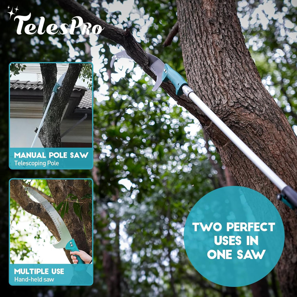TelesPro Extendable Tree Trimmer: Manual Pole Saw | 5-12ft Telescoping Pruning Pole for Tree Trimming | Saw Attachment, Safety Goggles, and Gloves Included | Trim Branches up to 2" Diameter
