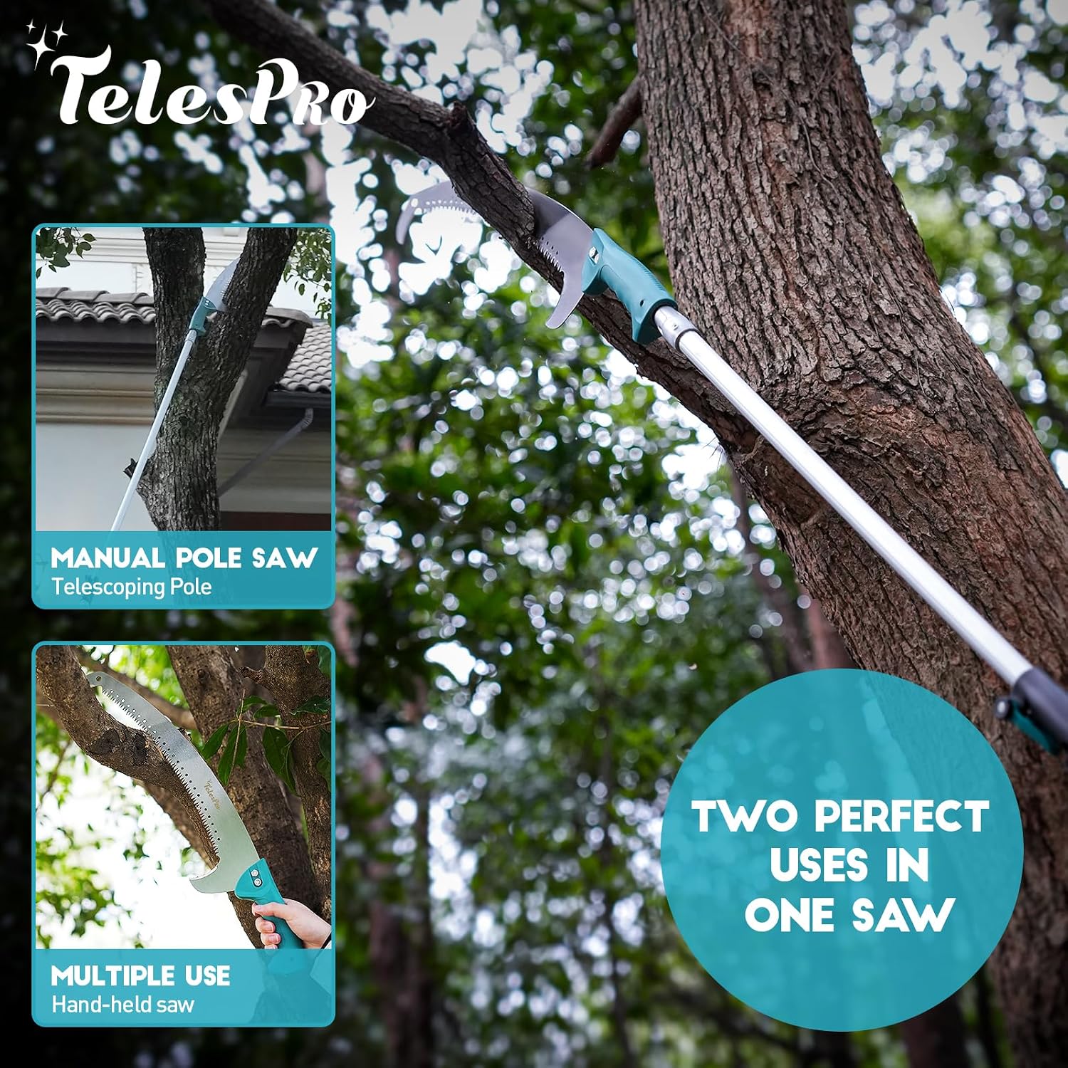 TelesPro Extendable Tree Trimmer: Manual Pole Saw | 5-12ft Telescoping Pruning Pole for Tree Trimming | Saw Attachment, Safety Goggles, and Gloves Included | Trim Branches up to 2" Diameter