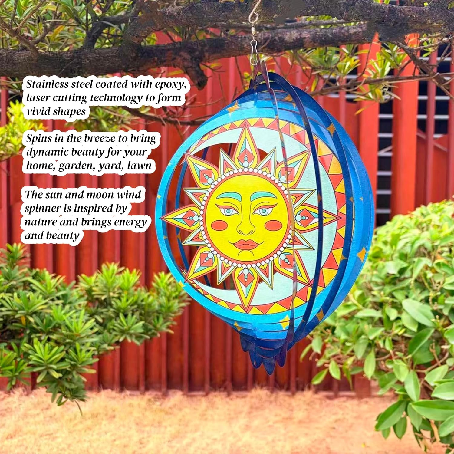 Sun and Moon Wind Spinner 12 inch Stainless Steel Garden Decor | 3D Visual Effect, Laser-Cut Stainless Steel, Rust-Resistant Epoxy Coating, for Garden Patio Yard Balcony, Sun Moon Gift