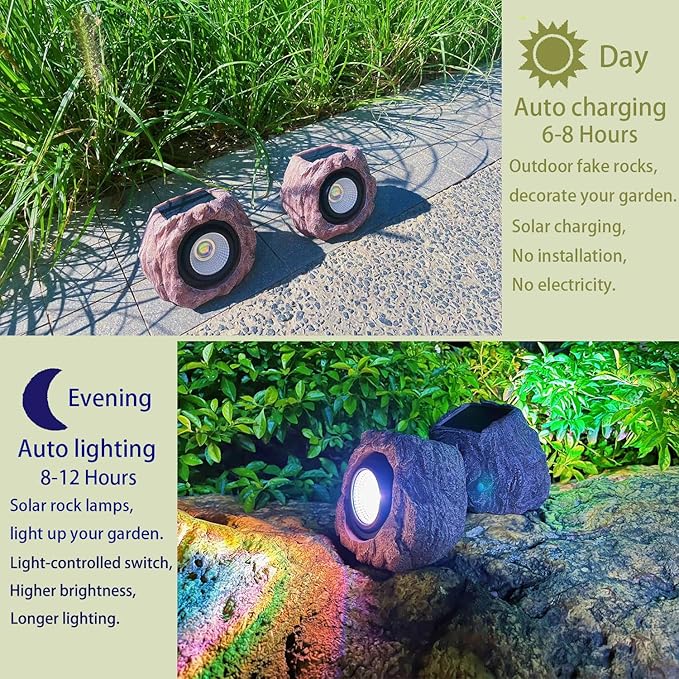 Solar Rock Lights Outdoor Waterproof, 2 Pack LED Colored Garden Rock Solar Light, Stone Statue Bright Solar Spot Light for Path, Yard, Patio, Lawn, Porch, Yard Decor.