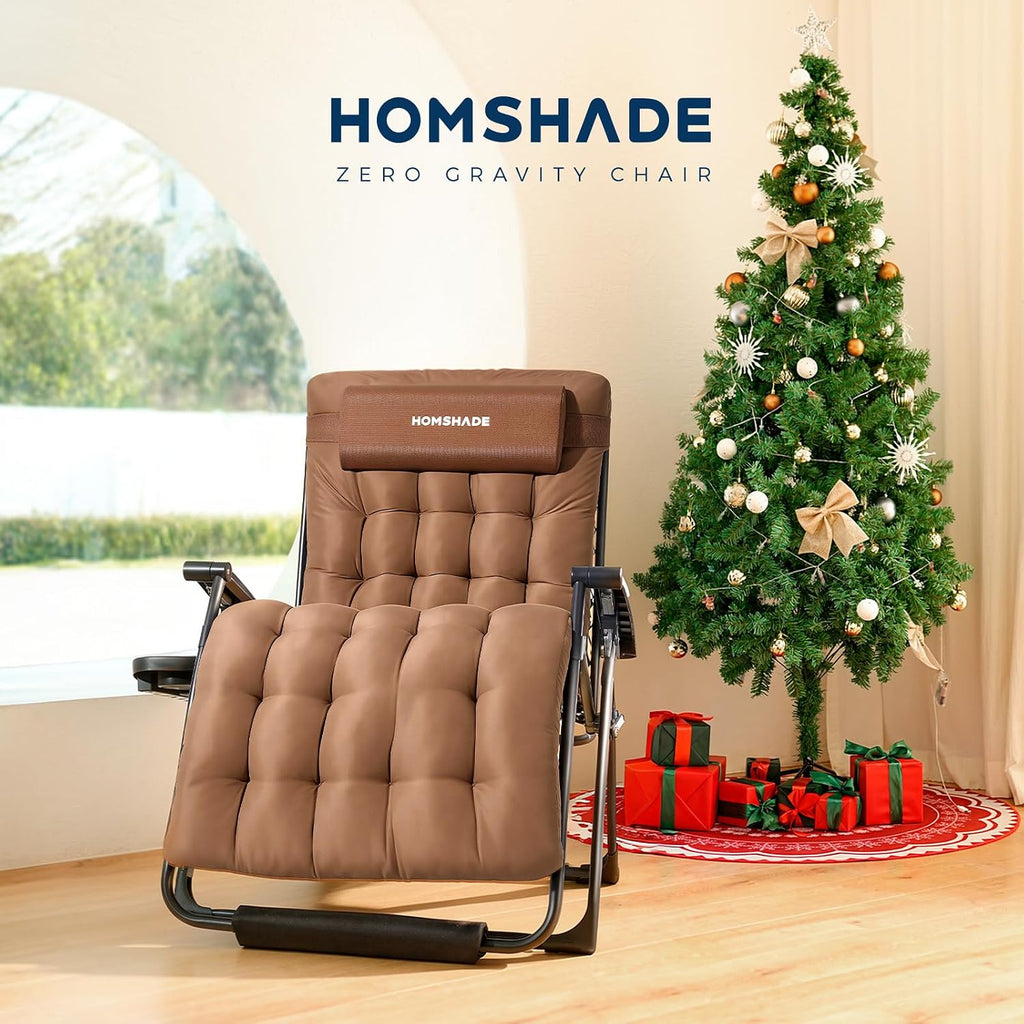 33 Inch XXL Oversized Zero Gravity Chair, Support 500 LBS, Brown | Heavy Duty Zero Gravity Lounge Chair Outdoor, Indoor Recliner Chairs w/Removable Cushion, Footrest, Headrest & Cup Holder