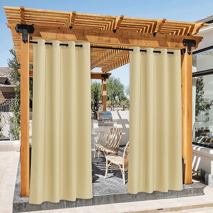 NICETOWN Canvas Patio Curtains Outdoor Waterproof, Rustproof Grommet Durable Thick Privacy Indoor/Outdoor Curtains & Drapes for Porch/Pergola/Cabana, W55 x L95, Light Beige, 2 Panels