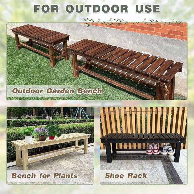Outdoor Garden Bench, 2-Person Wood Patio Bench Weatherproof Outdoor Backless Bench, Anti-Corrosion and Anti-Rust Garden Benches for Garden Lawn Porch Park Backyard (Black,35.5''/90cm)