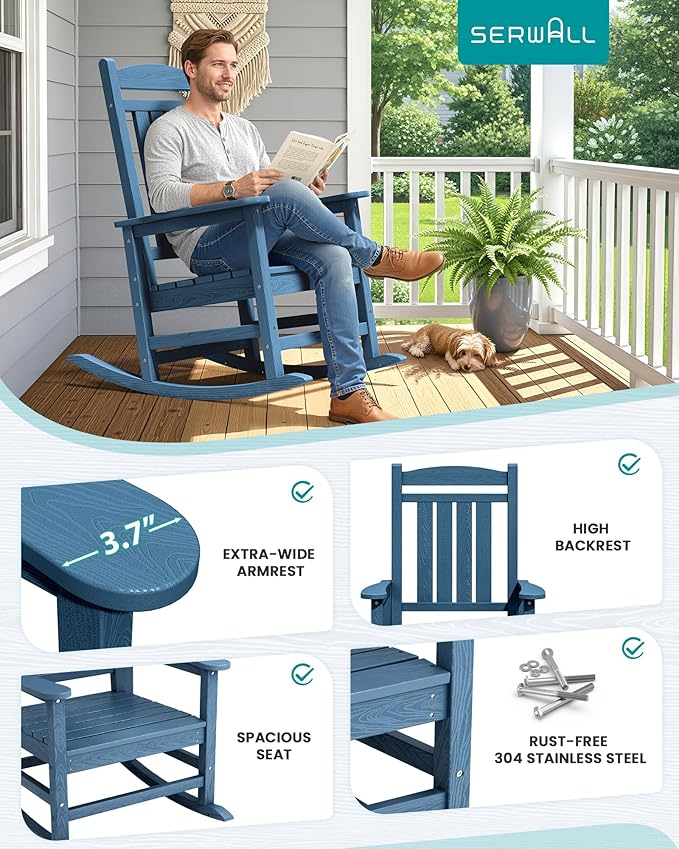 SERWALL Oversized Outdoor Rocking Chair, All-Weather Patio Rocking Chair, HDPE Porch Rocker for Adults, Blue