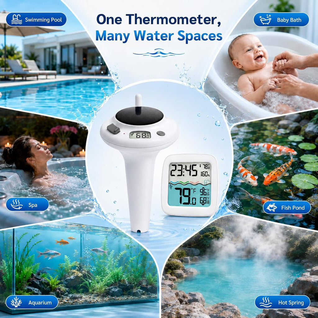 Solar Pool Thermometer, Wireless Floating Water Temperature Sensor, IPX8 Waterproof, Long Range Digital Display for Swimming Pool, Hot Tub, Spa, Pond & Lake