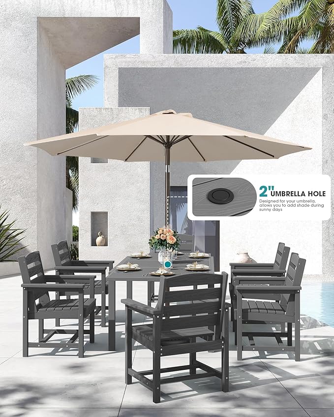 SERWALL 7-Piece Patio Dining Sets, 60" - 83" Expandable Outdoor Dining Table and 6 HDPE Chairs, All Weather HDPE Outdoor Furniture Set for Backyard, Garden, Grey