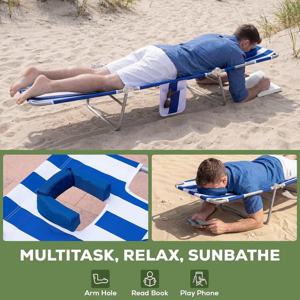 2PK Face-Down Tanning Beach Chair, Adjustable Folding Sunbathing Lounger with Arm Slots, Side Pocket, Lightweight Reclining Chair for Beach, Poolside, Lawn & Patio, Navy and White Stripe