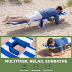 2PK Face-Down Tanning Beach Chair, Adjustable Folding Sunbathing Lounger with Arm Slots, Side Pocket, Lightweight Reclining Chair for Beach, Poolside, Lawn & Patio, Navy and White Stripe