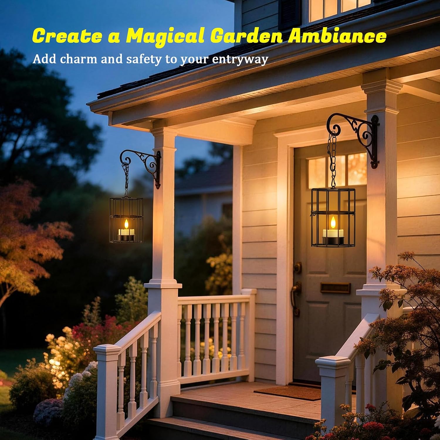 PChero Solar Hanging Lanterns Outdoor Waterproof, 4 Tea Lights, 18.1" Chain | 2 large + 2 small iron holders, flickering LED tea lights, for patio garden tree backyard, 10-12H runtime, removable chain