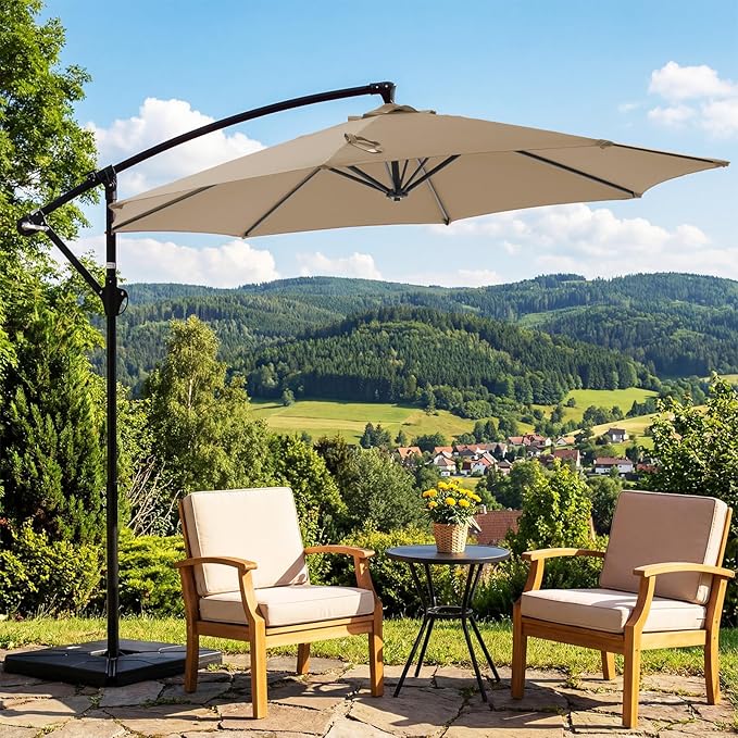 OLIXIS 9.7FT Offset Patio Umbrella with Base, Cantilever Table Umbrellas for Outdoor Sun Shade UV Protection with Easy Tilt Adjustment, 8 Ribs for Backyard, Lawn, Garden, Pool - Khaki