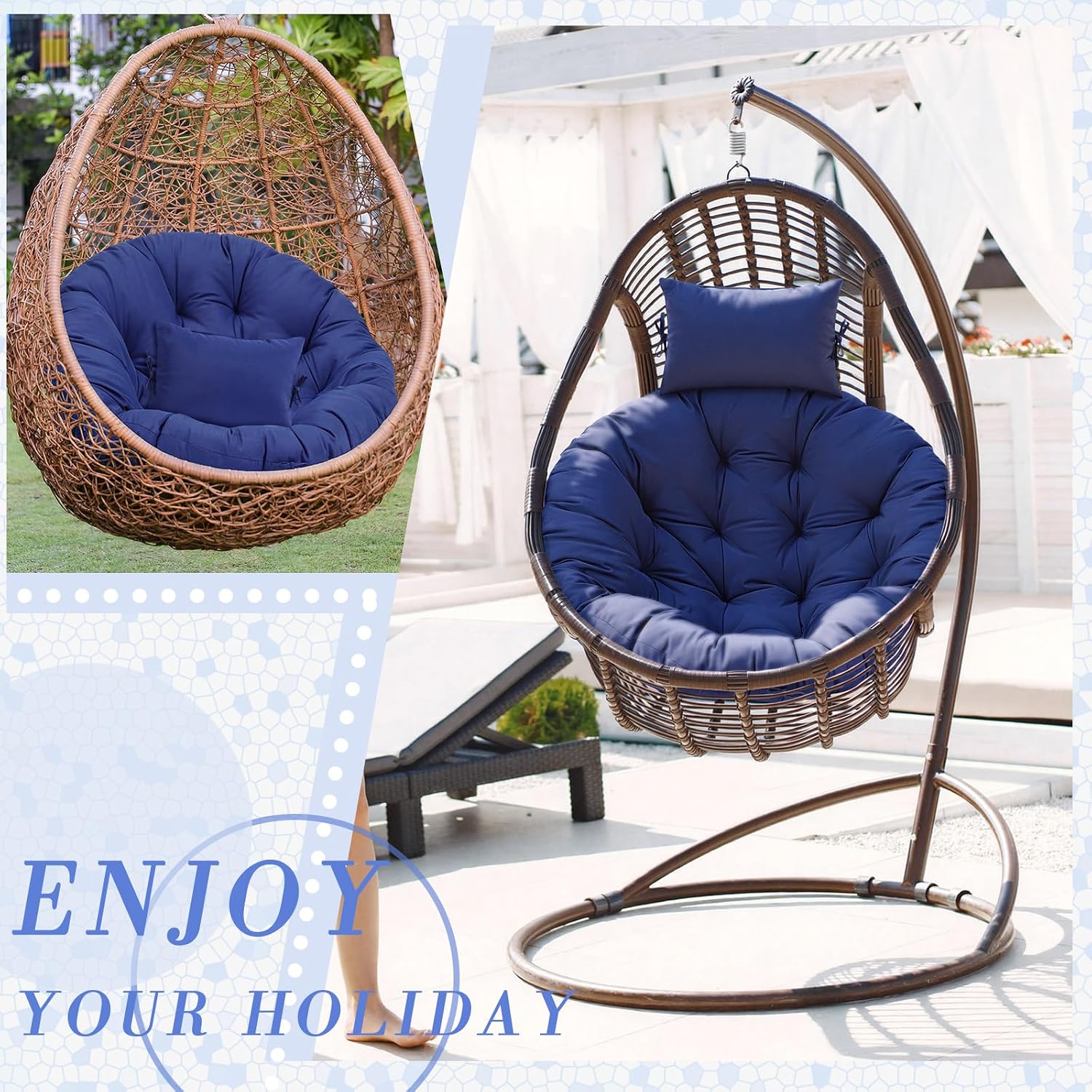 Tudomro Navy Blue Egg Chair Cushion Hanging Basket Chair Replacement 45x45 Hammock Basket Swing Waterproof Cushion Hanging Swing Pads with Headrest for Indoor Outdoor Porch Backyard Patio Garden