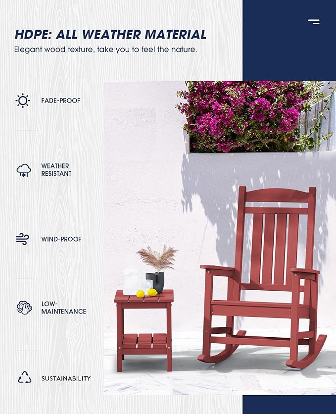 KINGYES Outdoor Rocking Chair, Weather Resistant Patio Rocking Chairs High Back Porch Rocker for Adult, Dark Red