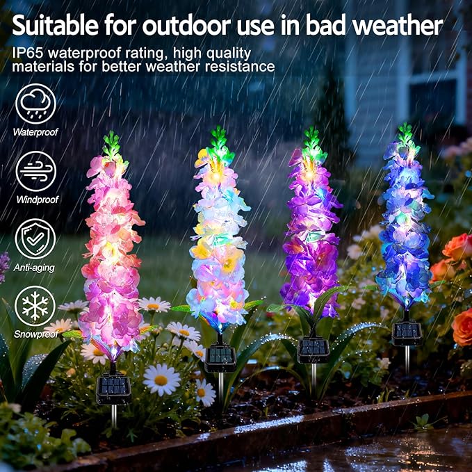 Solar Garden Lights, 6 Pack 20 LEDs Solar Delphinium Flowers Lights Gifts for Mom Grandma Women, Waterproof Solar Outdoor Lights Two Lighting Modes for Wedding Garden Yard Patio Decor