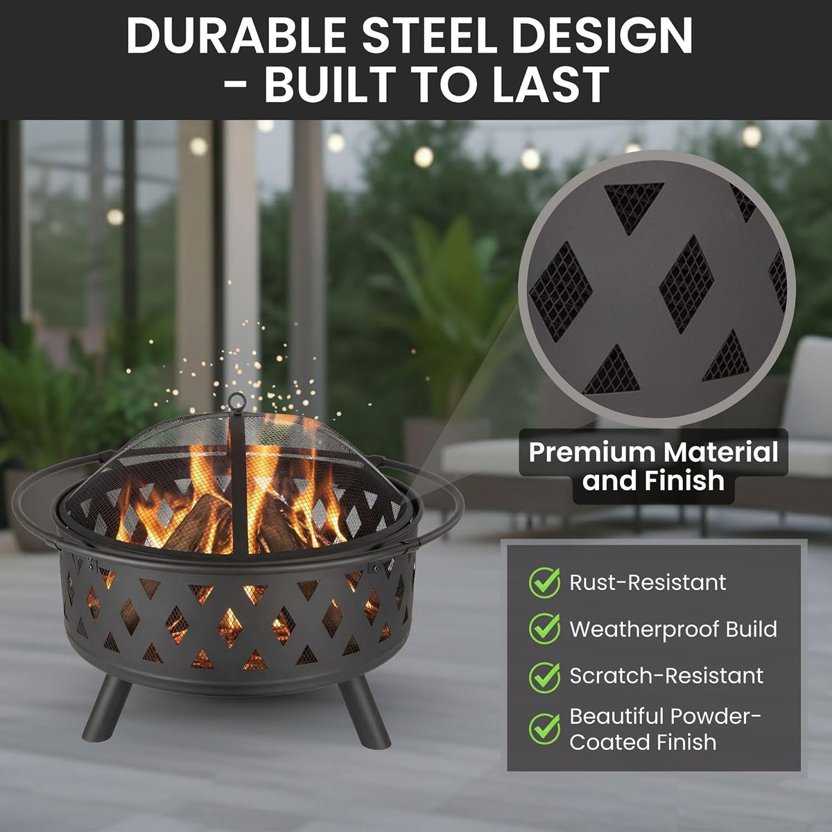 pure garden outdoor fire pit with cross weave, close-up detail