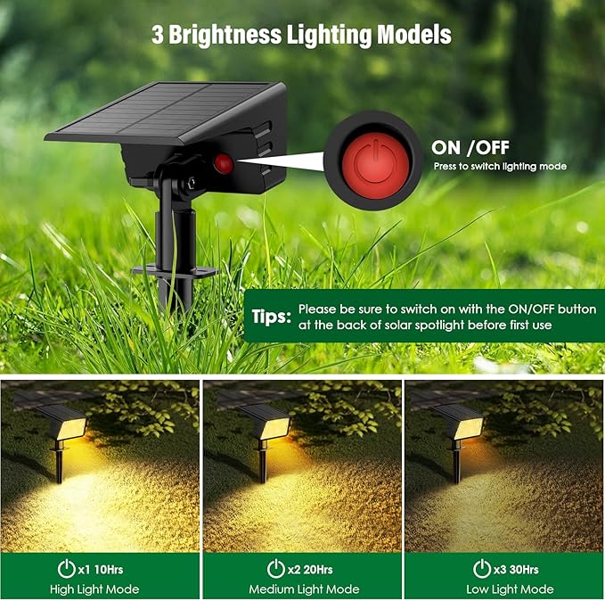 Solar Spot Lights Outdoor with 60 LED & Auto On/Off, 2 Pack Solar Lights Outdoor Waterproof IP68 with 3 Lighting Modes, 2-in-1 Solars Landscape Light for Outside, Garden, Yard(Warm White)