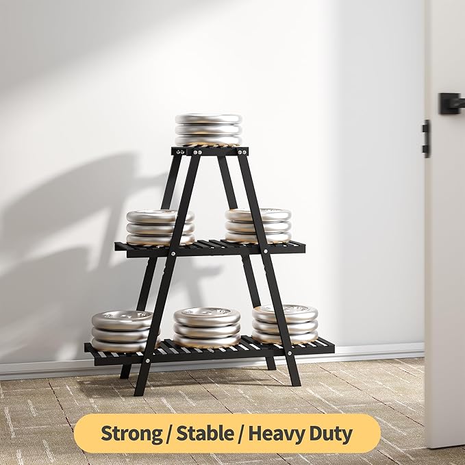 Bamboo Plant Stand Indoor/Outdoor, 3-Tier, Black, Rectangular, 8 Potted Flower Holder Ladder Plant Rack