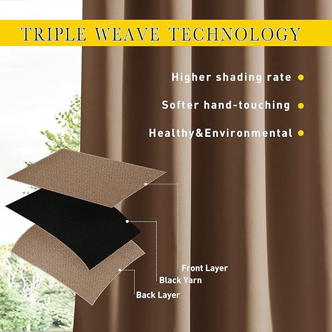 NICETOWN 2 Panels Outdoor Curtains for Patio Waterproof Top & Bottom Pocket & Back Tab, Blackout Outdoor Drapes with Rope for Fixed Windproof Keep Privacy & Warm for Porch, W52 x L95, Tan-Khaki