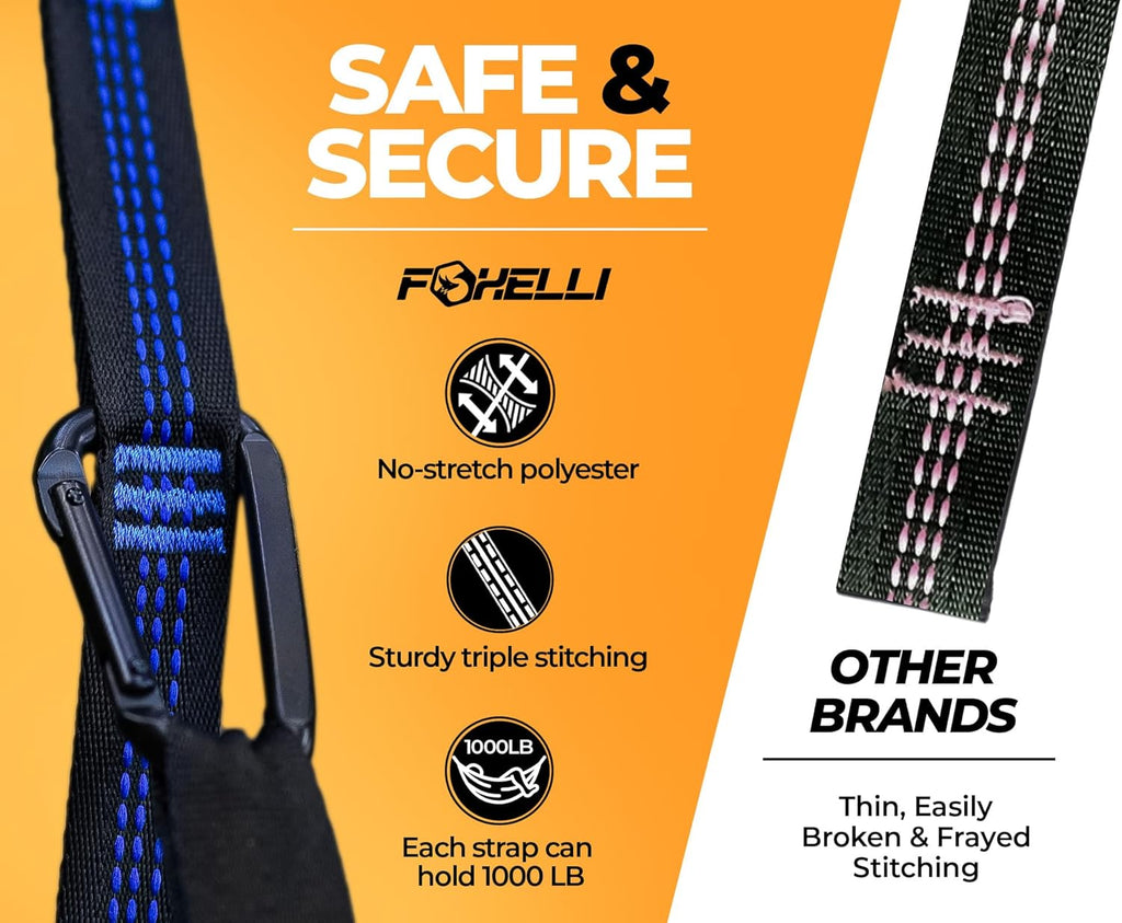 Foxelli XL Hammock Straps - Extra Long 20FT Heavy Duty No-Stretch Suspension System, 40+2 Loops, 2000 LBS Capacity, for Indoor/Outdoor Use – Set of 2 Straps & Carry Bag