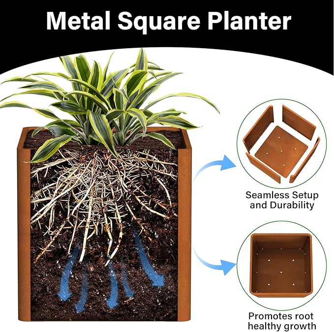 Corten Steel Planter Box 20" L x 20" W x 20" H,Large Metal Square Planter for Outdoor Plants,Metal Cube Flower Pot with Drainage Hole for Porch Hotel Patio Yard