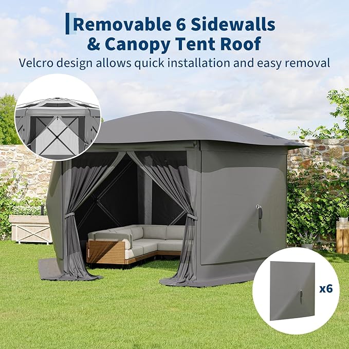11.5x11.5FT 6-Sided Pop Up Gazebo Tent，One-Push Setup Canopy Tent with Mesh Panels & Removable Wind Cloths, Outdoor shelter for Camping, Backyard Parties, Outdoor Events - Grey