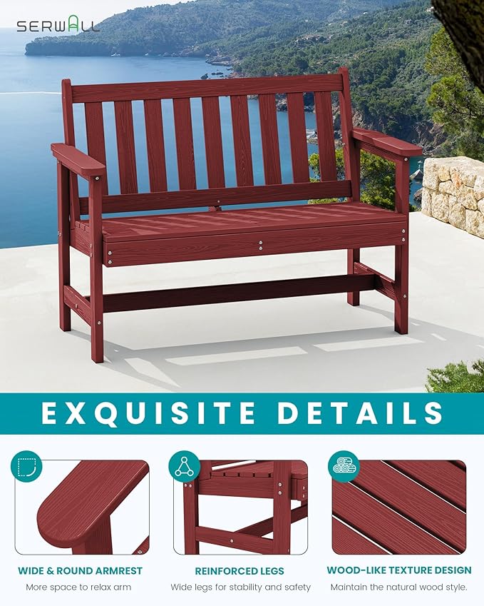 SERWALL Outdoor Bench, HDPE Outdoor Benches Weatherproof, 2-Person Garden Bench with 660 lbs Weight Capacity, Patio Benches for Outdoors, Garden, Porch, Backyard and Park, Red, 2 Pack